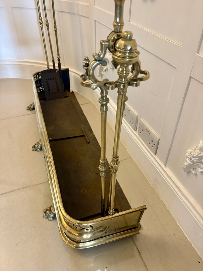 Unusual and Rare Quality Antique Regency Brass Fender with Original Fire Irons - Image 10